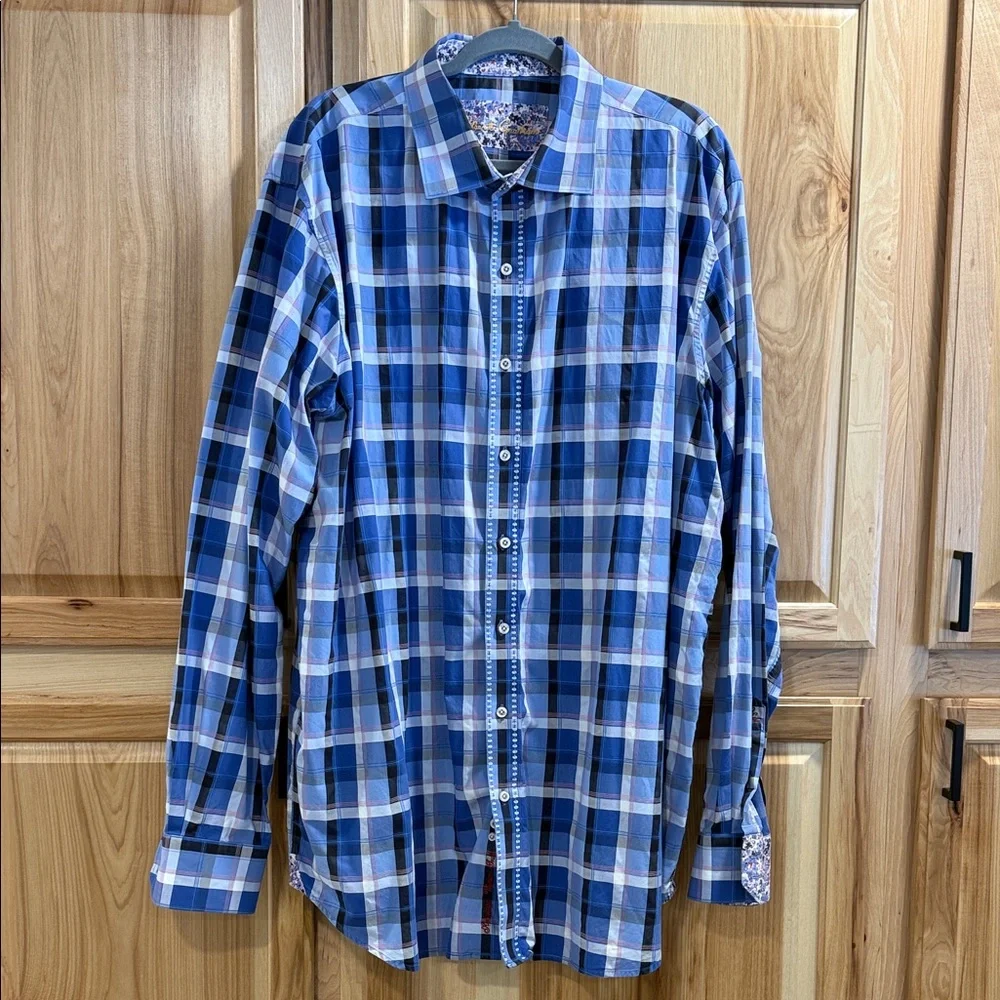 Robert Graham Blue White Plaid Button Down Cuff and Collar Accents Shirt 2 XLT